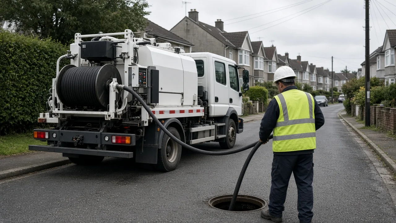 Camión de limpieza de alcantarillado trabajando en una calle