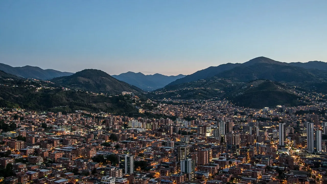 Ciudad andina de Colombia al anochecer con montañas al fondo