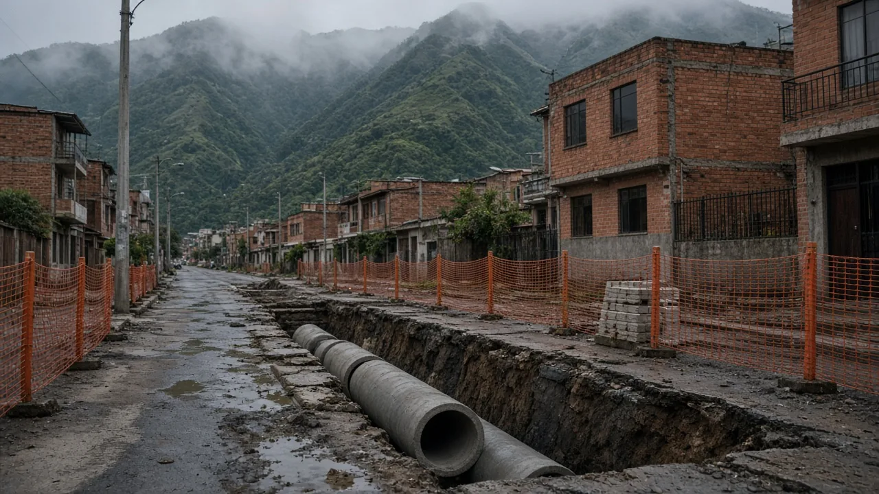 Calle de una ciudad colombiana con obras de alcantarillado y tubos de concreto