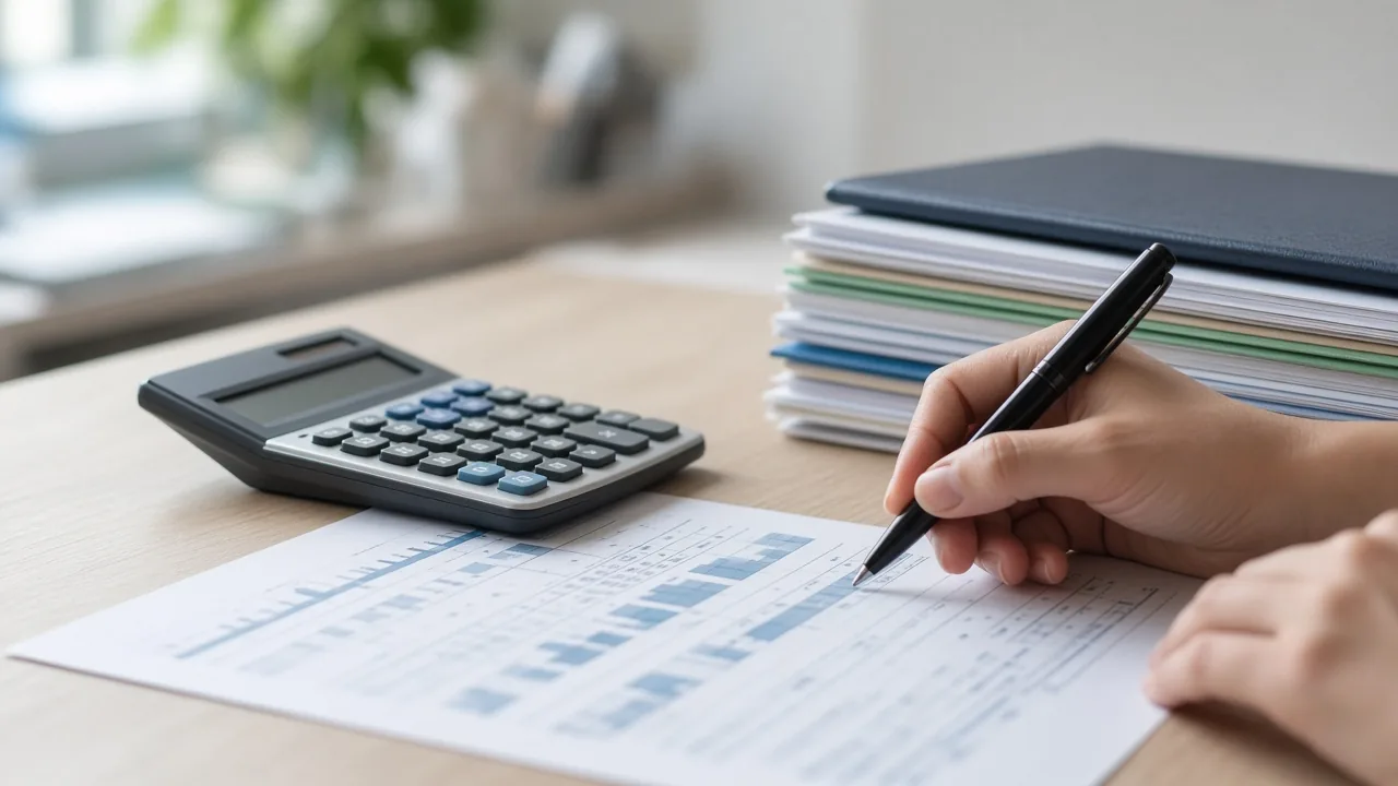 Escritorio de contador con calculadora y estados financieros