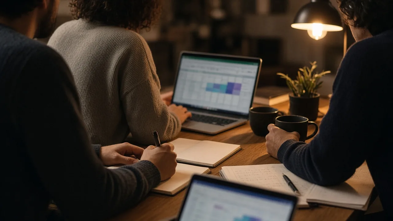 Equipo planeando en una mesa con portátil y cuadernos
