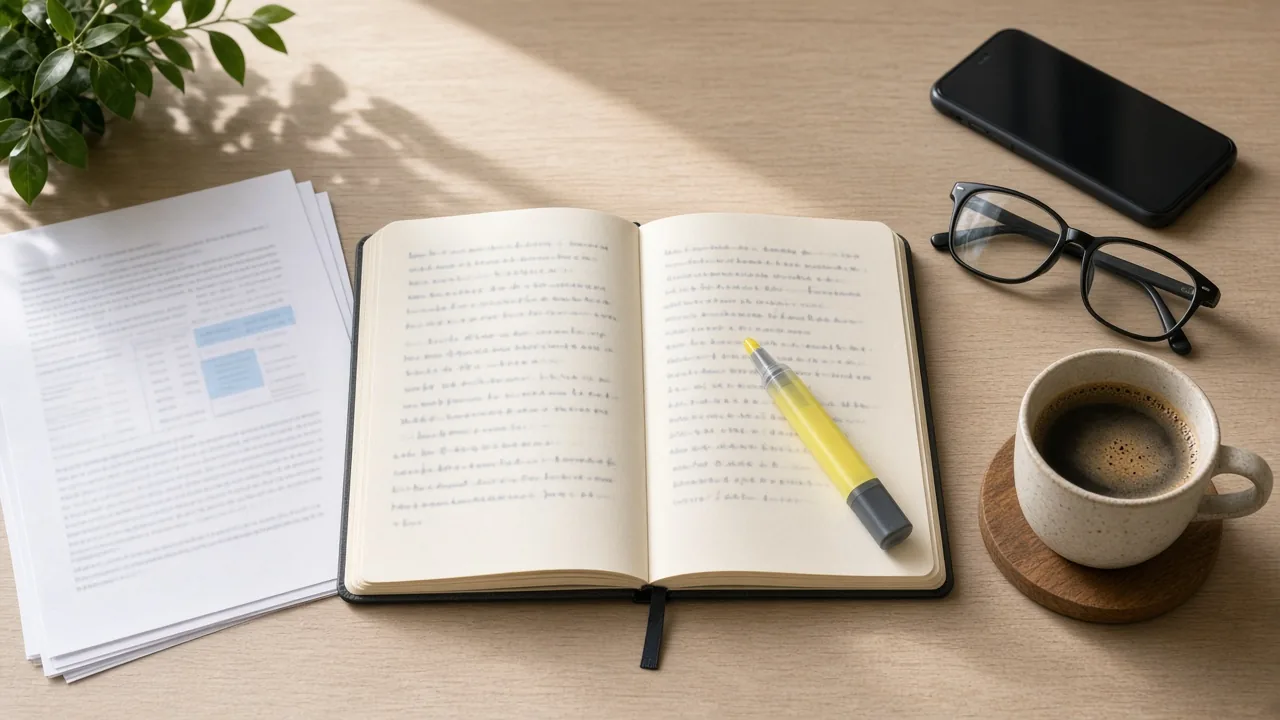 Escritorio con cuaderno, resaltador y documentos