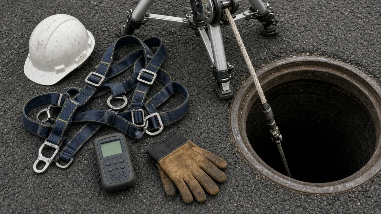 Casco, arnés, detector de gases y guantes junto a un pozo abierto